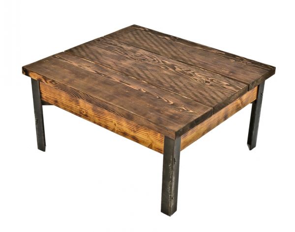 repurposed american industrial low-lying all-welded joint angled iron four-legged coffee table with newly added pine wood top with recessed apron