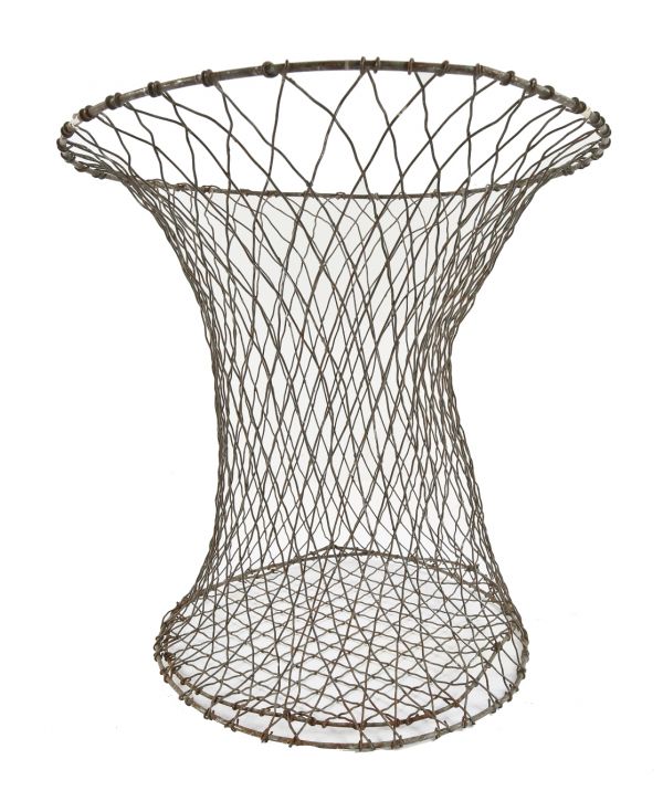 unusually shaped early 20th century antique american industrial salvaged chicago steel wire waste basket or trash can with top and bottom hoops for added reinforcement