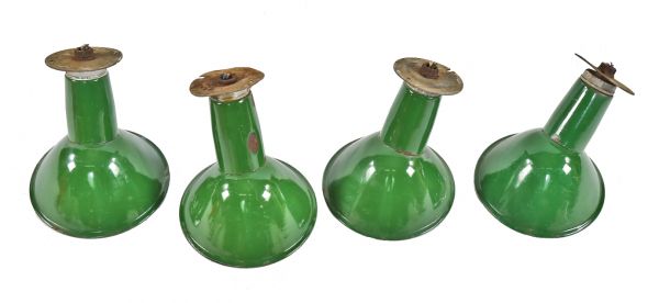 group of four matching diminutive american depression salvaged chicago crane brothers factory building exterior wall-mount green porcelain enameled light fixtures 