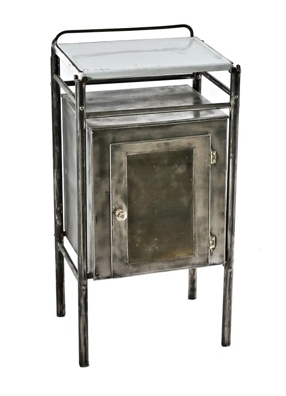 completely intact c. 1920's antique american medical stationary salvaged chicago hospital brushed metal workstation or side table with porcelain enameled cast iron tabletop  