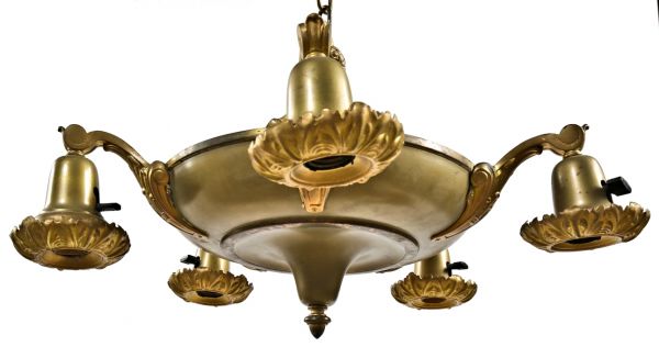 nicely aged american depression era five-arm interior residential ceiling light pan fixture with acorn finial and intact decorative socket covers 