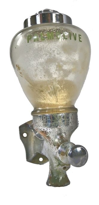 fully functional single-pump action c. 1930's american industrial wall-mount commercial building lavatory "palmolive" brand soap dispenser 