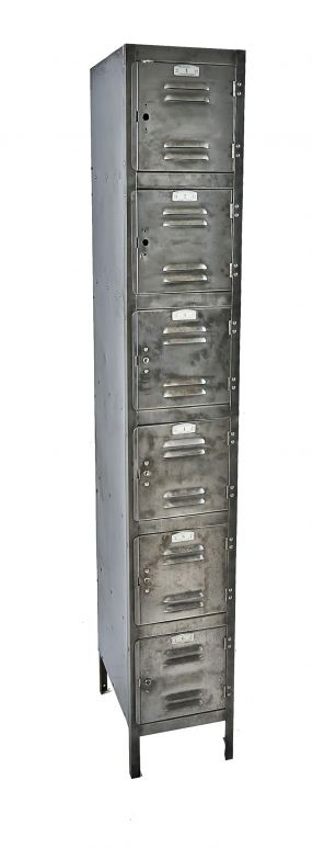clean and compact c. 1940's refinished brushed heavy gauge steel salvaged chicago textile factory freestanding locker with six equally-shaped compartments 