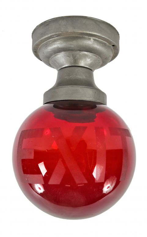c. 1930's antique american depression-era oversized ruby red glass ceiling-mount exit light globe and fixture with acid etched lettering 