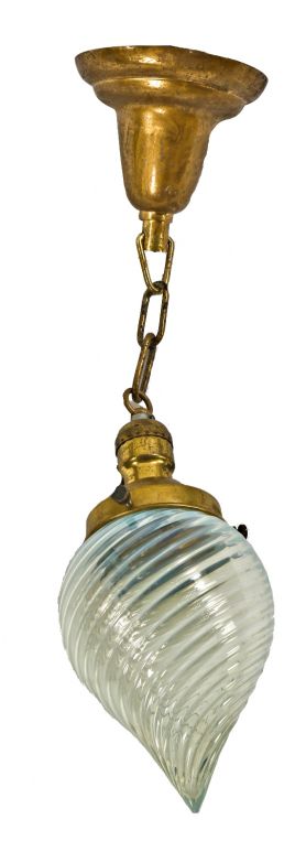 victorian era late 19th century single ceiling-mount interior residential pendant light featuring a blue opalescent swirl "bullet" shade 