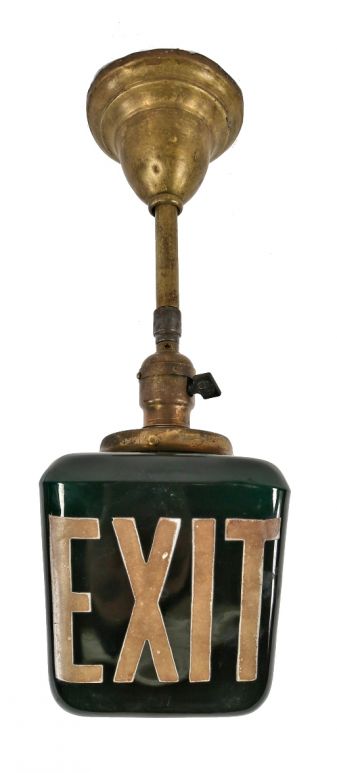original double-sided c. 1930's salvaged chicago hotel antique american emerald green glass double-sided exit light pendant with original brass canopy and fitter