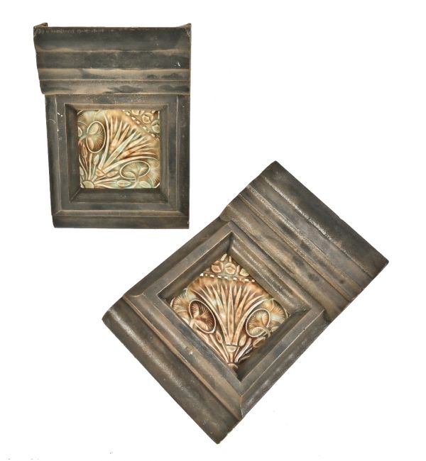 pair of original 19th century salvaged chicago 1880's ornamental cast iron interior residential fireplace mantle keystones with glazed majolica tile insets