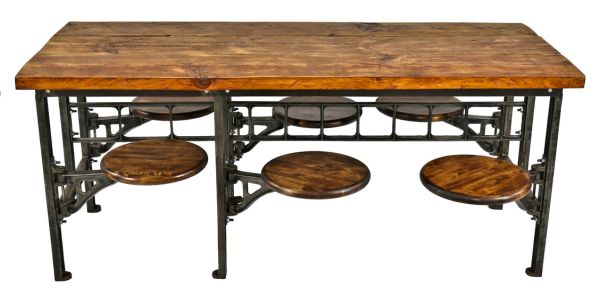 refinished c. 1920's antique american industrial brushed cast iron and angled steel 6-seat stationary factory lunchroom table with swing-out brackets