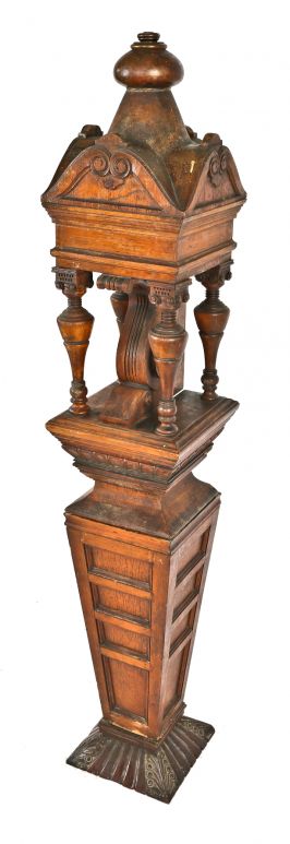 stunning one of a kind 19th century hand-carved solid oak chicago gold coast mansion interior newel post with turned spindles and ionic capitals 