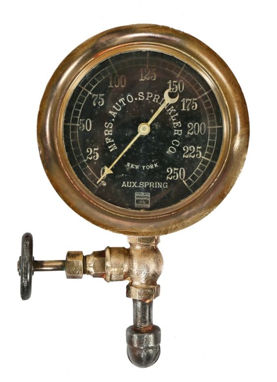 refinished early 20th century american industrial fully enclosed bronze metal standard fire sprinkler auxiliary spring gauge with fittings and faucet handle  