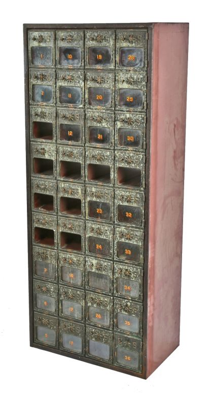 early 20th century freestanding salvaged chicago masonic temple folded steel and cast brass compartmentalized 36-door mail box cabinet with intact turn handles 