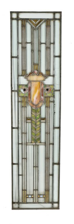 very unique early 20th century prairie school style leaded art glass logan square masonic temple cabinet door window with centrally located floral motifs 