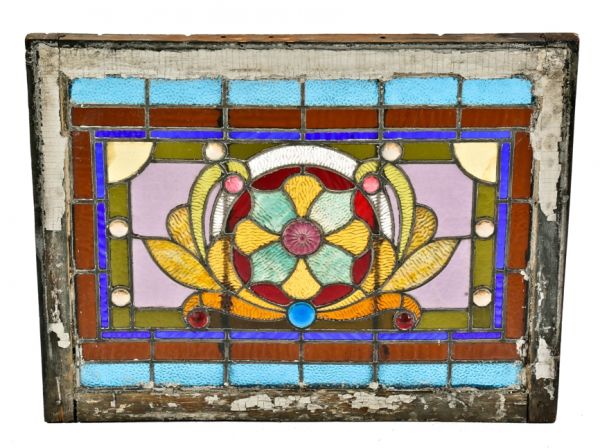 impressive late 19th century antique american victorian era salvaged chicago residential stained glass transom window with ornamental pressed glass rondels 