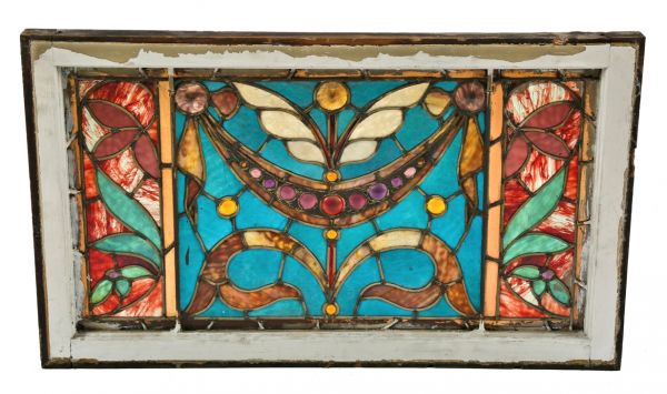 stunning original salvaged chicago 1880's two flat high victorian stained glass window with original sash frame and multiple glass jewels 