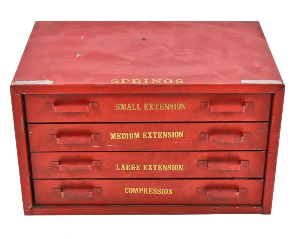 late 1940's american antique industrial original cherry red enameled multi-drawer "springs" factory cabinet comprised of pressed and folded steel  
