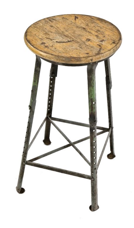 1930's antique american industrial riveted joint angled steel adjustable height factory stool or chair with original solid maple wood seat