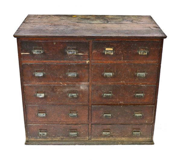 original antique american industrial solid oak wood yawman factory office 10-drawer filing cabinet with finished sides contained raised panels