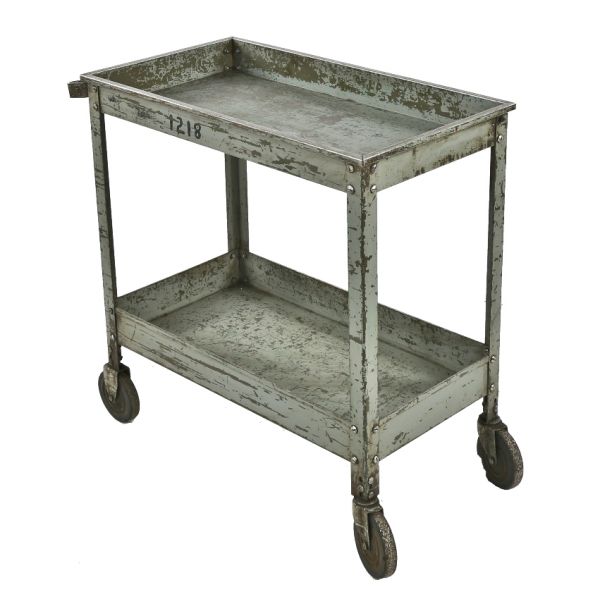 all original c. 1940's reinforced heavy gauge angled steel mobile gunship gray metal two-tier factory machine shop cart with bassick casters 