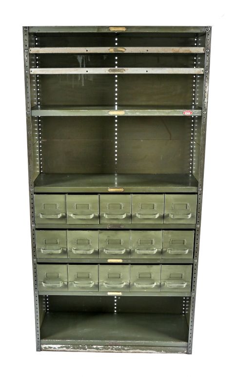 dark olive green enameled freestanding pressed and folded heavy gauge steel salvaged chicago factory shelving cabinet with multiple pull-out drawers 