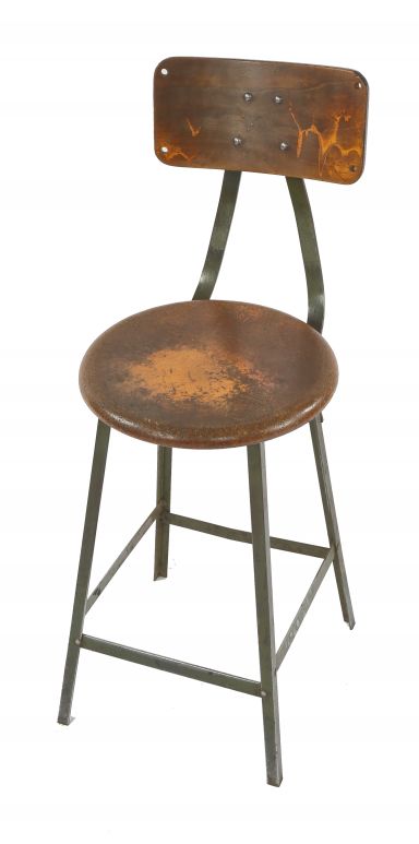 intact 1940's pollard brothers four-legged riveted and welded steel fixed height factory stool with original solid maple wood seat 