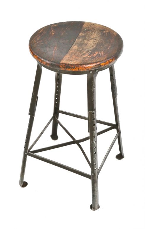 adjustable american industrial salvaged chicago riveted joint angled steel chicago factory stool or chair with original solid maple wood seat