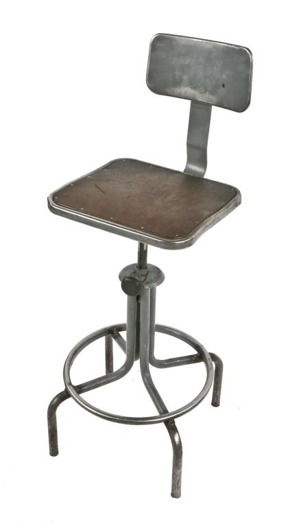 1950's vintage american industrial salvaged chicago factory machine shop four-legged shop stool with original gunship gray metal finish 