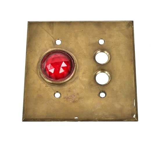 original c. 1920's original and intact flush mount masonic temple push button switch plate with intact richly colored ruby red faceted glass indicator light 