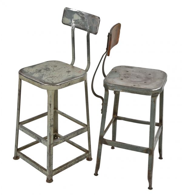 pair of c. 1950's nicely worn gunship gray enameled salvaged chicago factory pressed and folded steel lyon stools with sturdy backrests 