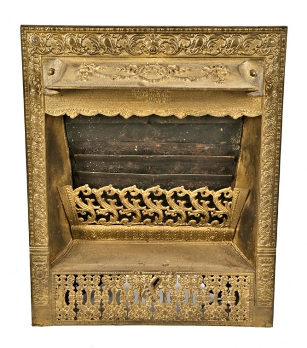 exceptional metallic gold enameled 19th century patented interior residential dawson cast iron residential fireplace gas insert with on/off gas key