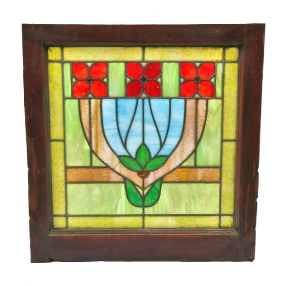 one of two matching richly colored c. 1917 interior residential variegated stained glass chicago bungalow windows featuring abstract floral motifs
