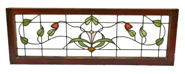 original early 20th century salvaged chicago interior residential leaded art glass transom window featuring green and white abstract floral motifs 