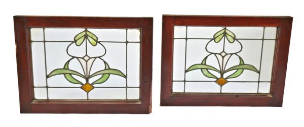 pair of original early 20th century salvaged chicago interior residential leaded art glass windows featuring green and white abstract floral motifs 