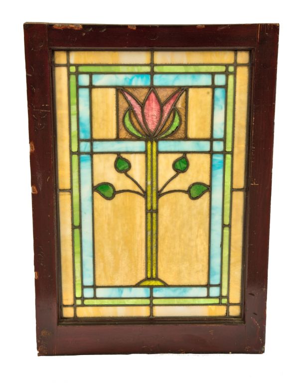 brilliantly colored early 20th century antique american craftsman style leaded glass salvaged chicago bungalow window with centrally located abstract floral motif 