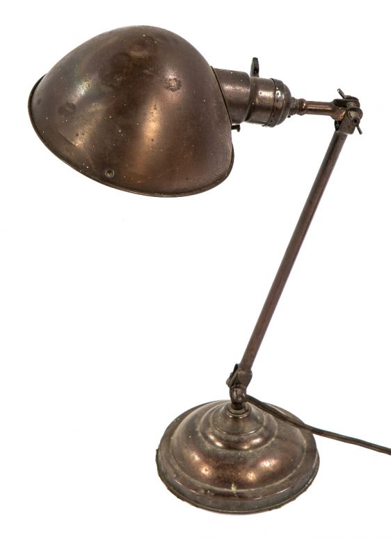 early 20th century antique american industrial double-jointed faries fully adjustable table or desk lamp with parabolic shade and original glass diffuser lens