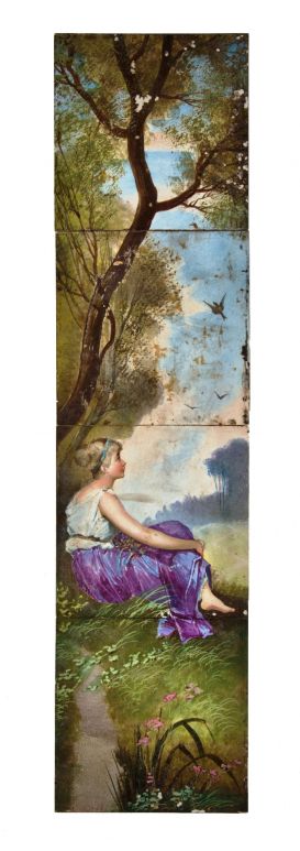 rare 1880's original hand-painted interior residential salvaged chicago fireplace tile surround set with richly colored woman in woods scene 
