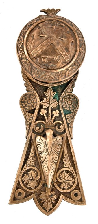 original 1870's ornamental cast bronze u.s. treasury building interior office emblematic doorknob with matching backplate or escutcheon 
