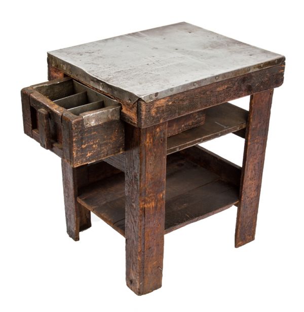 worn and weathered salvaged chicago depression era wood and metal four-legged industrial machine shop table with custom-built single sliding drawer  