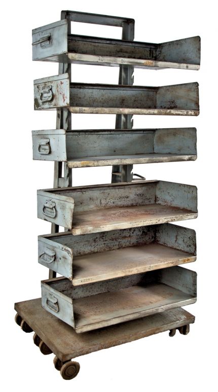 1940's all original freestanding salvaged chicago cantilevered factory machine shop adjustable shelving unit withfully functional  double-wheel swivel trucks