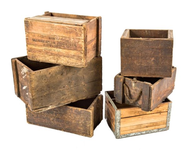 group of early 20th century antique american industrial pine wood stackable chicago crates with nicely worn and weathered surface patina 