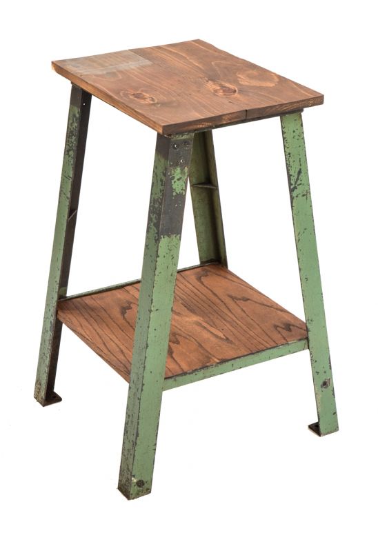 robust four-legged c. 1940's american industrial salvaged chicago angled steel stationary two-tier stand or side table with old factory green paint finish 