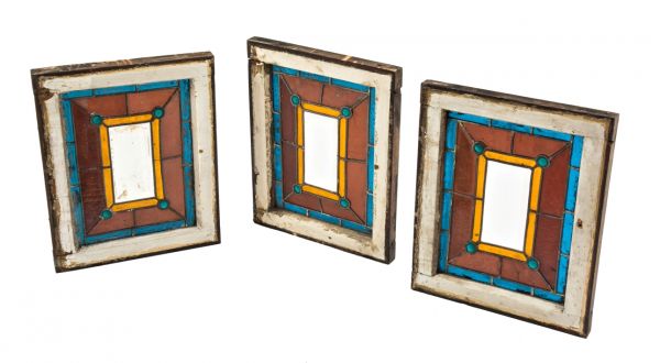 group of three original diminutive salvaged chicago c. 1880's american victorian era beveled edge stained glass sidelight windows with richly colored blue jewels 