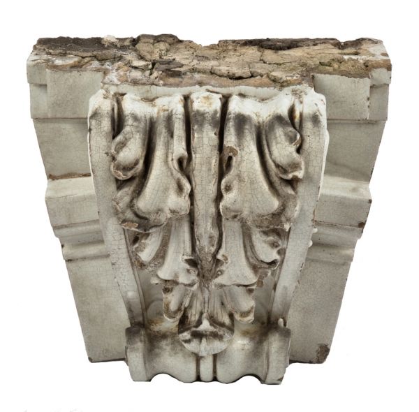 early 20th century salvaged chicago white glazed commercial building terra cotta archtop entrance keystone with acanthus leaves and scollwork