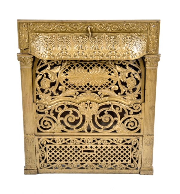 original late 19th century fully functional salvaged chicago interior residential ornamental cast iron fireplace gas insert with intact 3-section perforated grille 