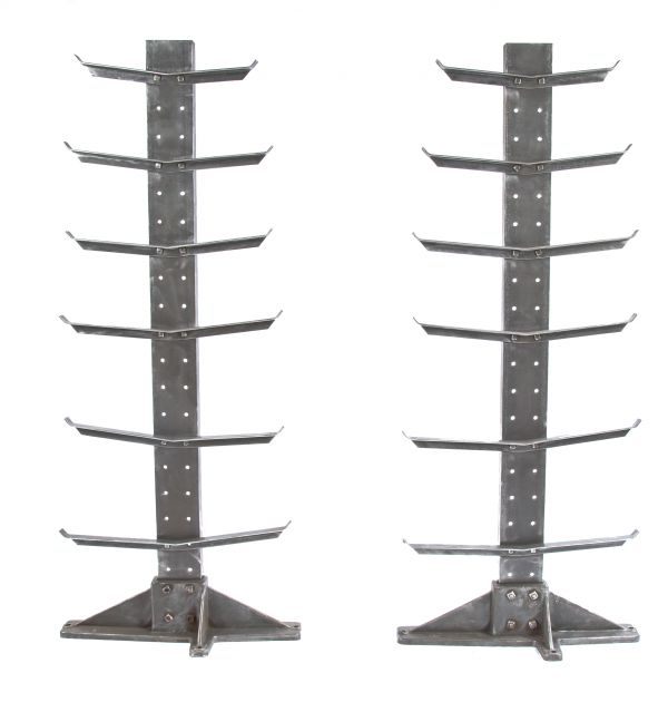 rare salvaged chicago cast iron and steel pollard brothers american depression era freestanding machine shop pipe racks with adjustable angled steel brackets