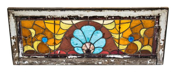 original 19th century antique american victorian era salvaged chicago stained glass transom window with three jewels and painted pine wood sash frame