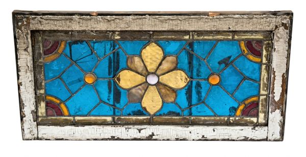 single 19th century antique american victorian era residential chicago stained glass transom window with three jewels and intact painted pine wood sash frame
