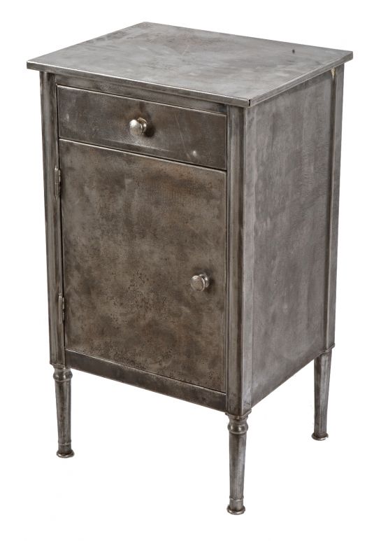 highly desirable refinished c. 1930's american made "simmons" cold-rolled pressed and folded steel side table with single pull-out drawer and hinged cabinet door 