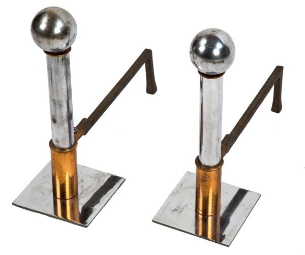 matching set of original c. 1930's american machine age art deco residential fireplace andirons with largely intact polished chrome and copper finish 