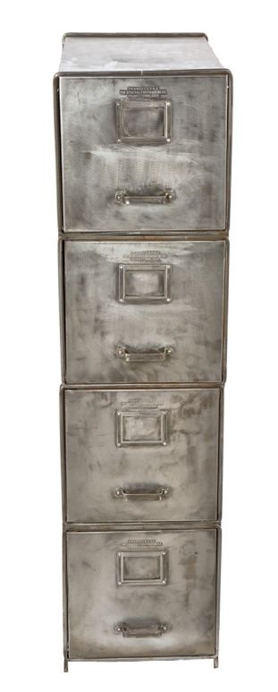 c. 1930's highly desirable pressed and folded brushed metal "general fireproofing" freestanding stackable filing cabinet with handles and placards 