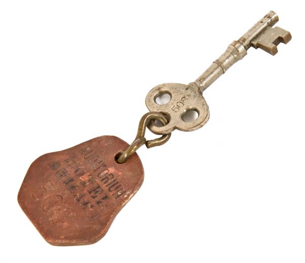 hard to find late 19th or early 20th century adler and sullivan auditorium building hotel guestroom nickel-plated brass door key with customized fob 